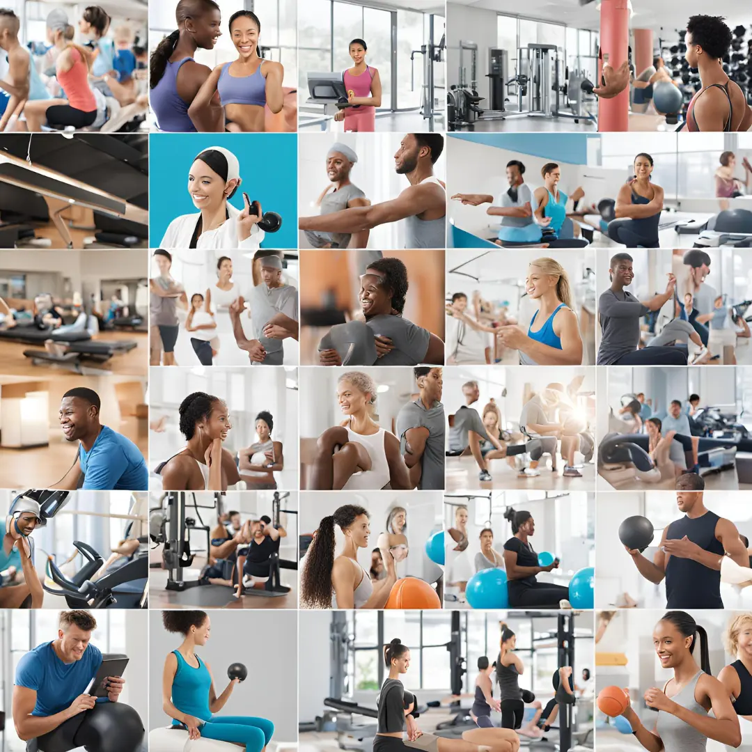 Montage of diverse individuals using various fitness facilities